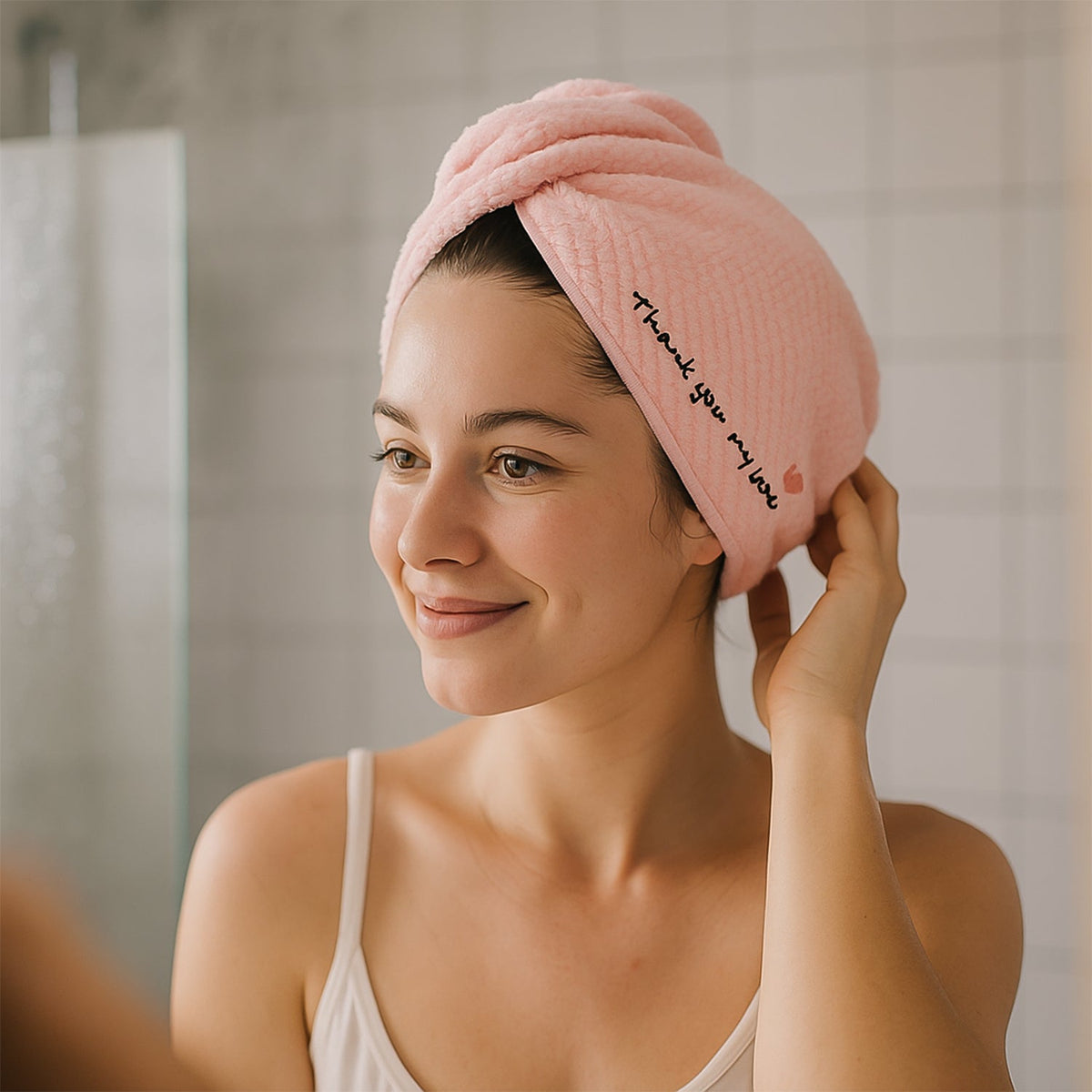 Turban style microfiber hair drying towel wrap with embroidered text
