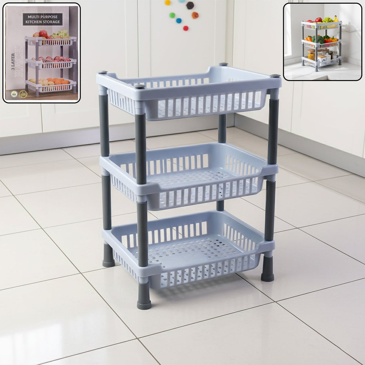 3-layer kitchen storage basket rack with ventilated baskets for fresh produce