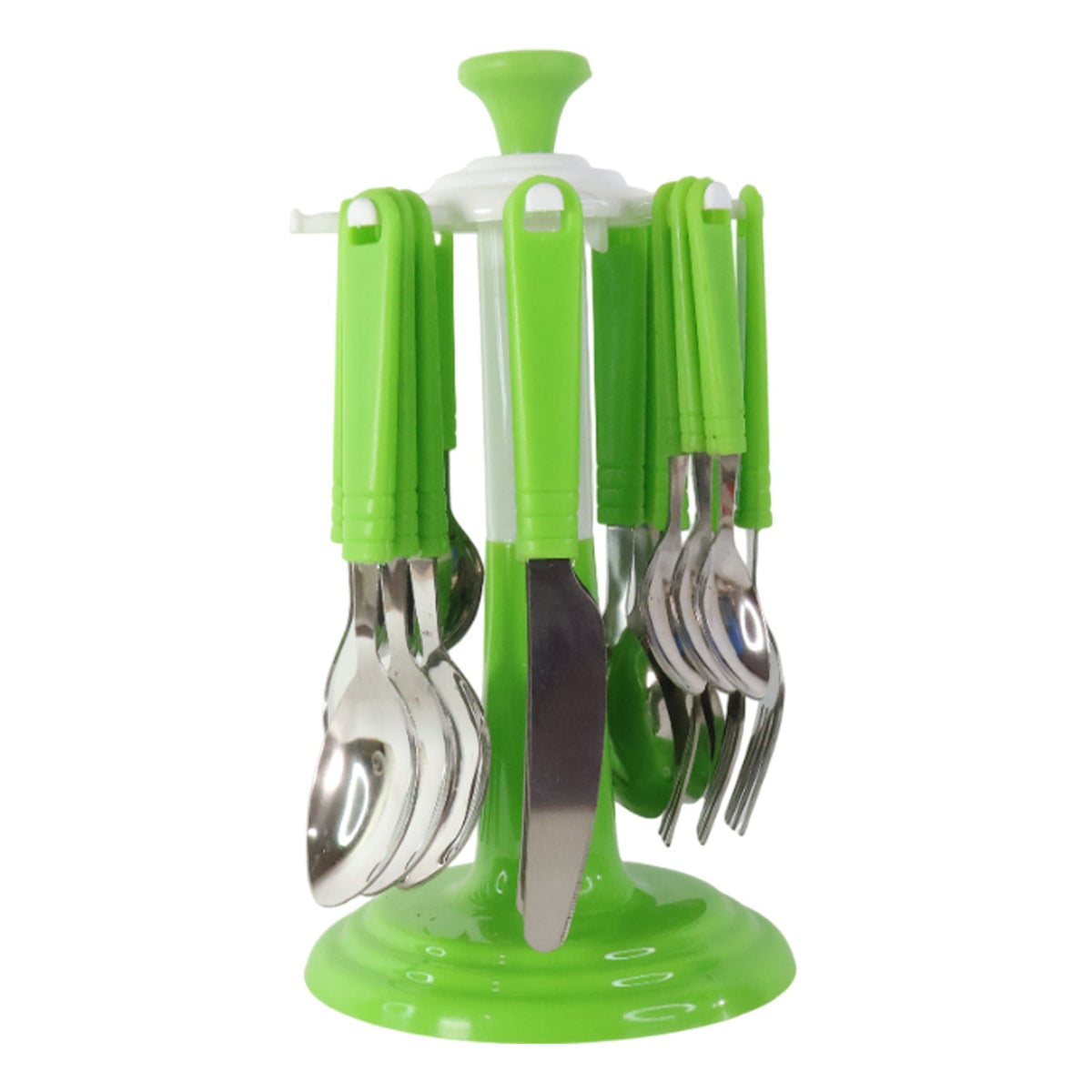 Rotating stand holding organized stainless steel cutlery set